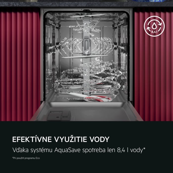 EFEKTÍVNE VYUŽITIE VODY Režim AquaSave so spotrebou len 8,4 l vody* *Pri použití programu Eco