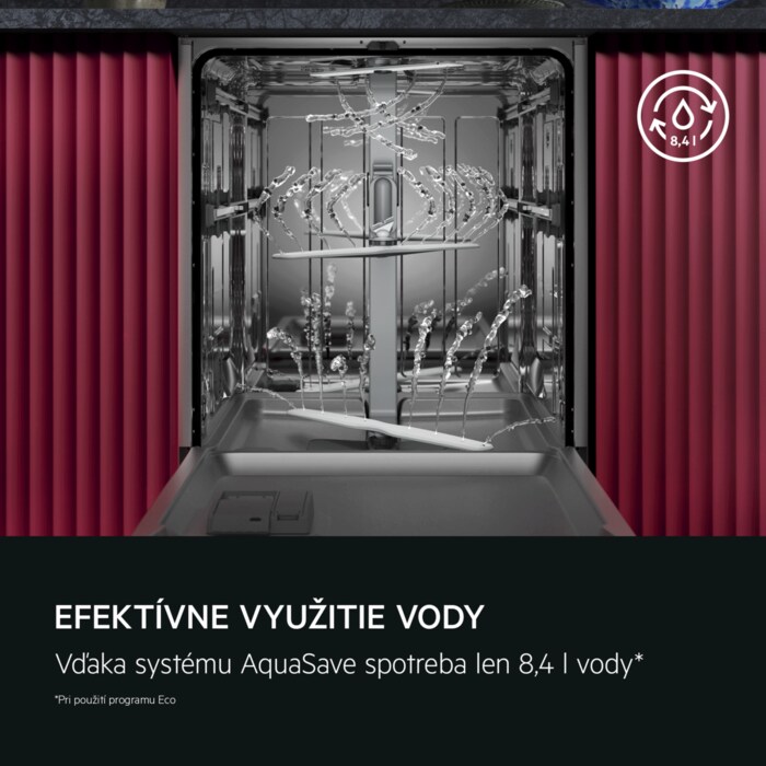 EFEKTÍVNE VYUŽITIE VODY Režim AquaSave so spotrebou len 8,4 l vody* *Pri použití programu Eco