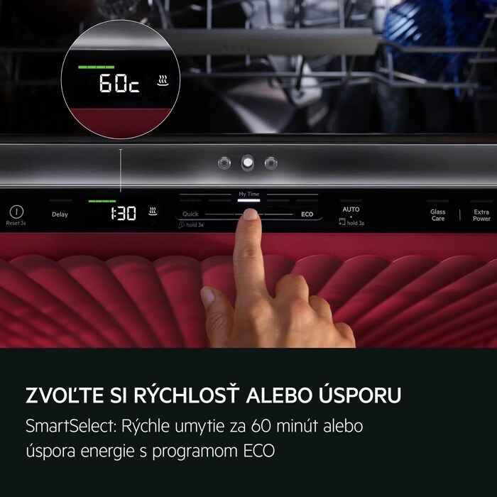ZVOĽTE SI RÝCHLOSŤ ALEBO ÚSPORU SmartSelect: Rýchle umytie za 60 minút alebo úspora energie s cyklom ECO.