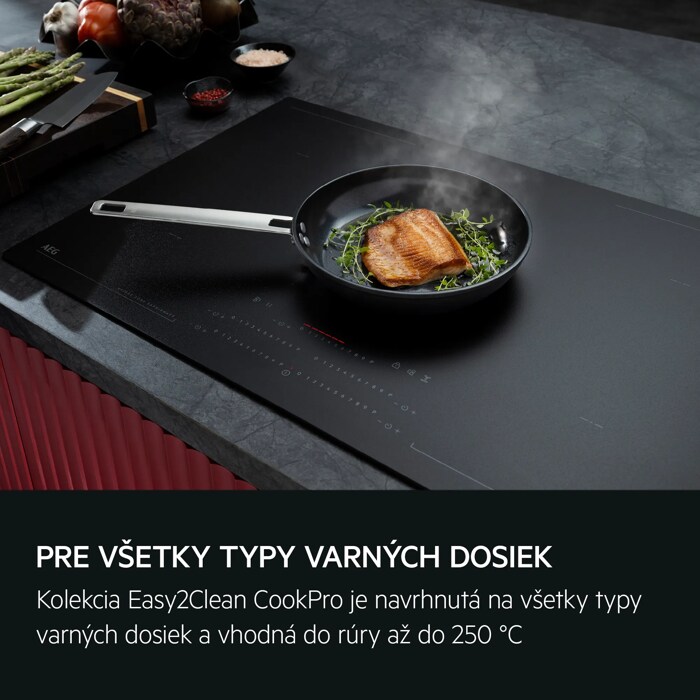 PRE VŠETKY TYPY VARNÝCH DOSIEK Kolekcia Easy2Clean CookPro je navrhnutá na všetky typy varných dosiek a vhodná do rúry až do 250 °C.
