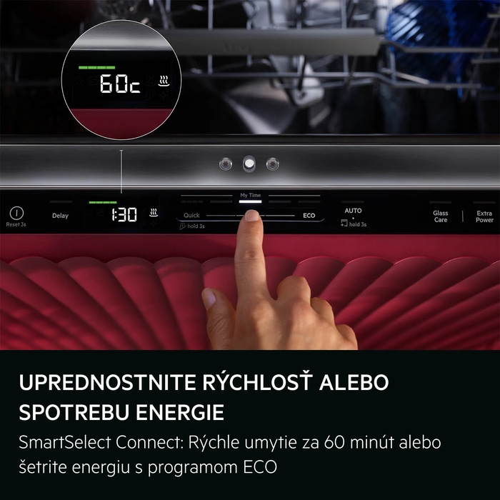 ZVOĽTE SI RÝCHLOSŤ ALEBO ÚSPORU SmartSelect: Rýchle umytie za 60 minút alebo úspora energie s cyklom ECO.