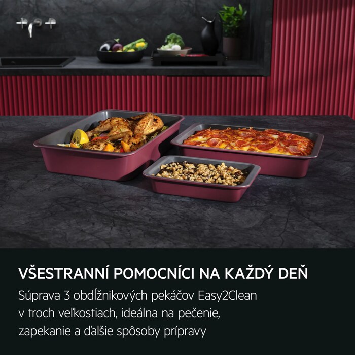 VŠESTRANNÍ POMOCNÍCI NA KAŽDÝ DEŇ Súprava 3 obdĺžnikových plechov Easy2Clean v troch veľkostiach, ideálna na pečenie, zapekanie a ďalšie spôsoby prípravy