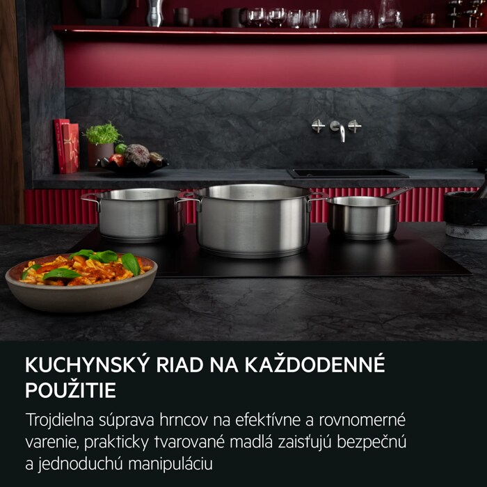 Všestranný kuchynský riad na každodenné použitie Trojdielna súprava hrncov je vyrobená na efektívne a rovnomerné varenie a navrhnutá tak, aby bola manipulácia s ňou bezpečná a jednoduchá.