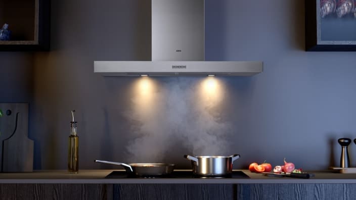 Wall-mounted hood in kitchen